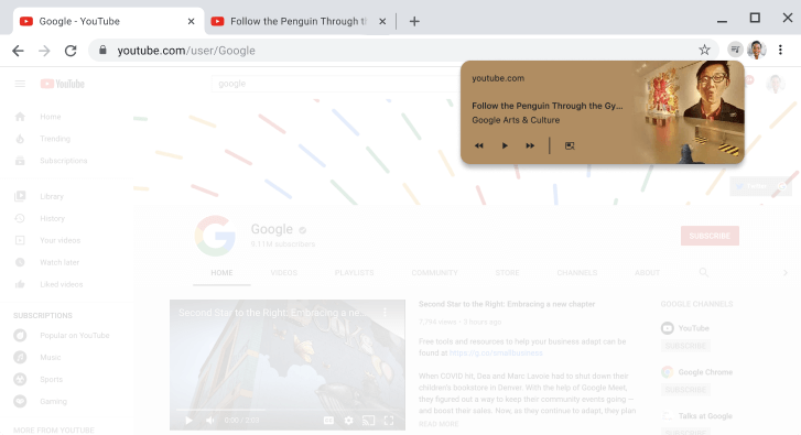 หน้าต่างเบราว์เซอร์ Chrome ที่แสดงกล่องโต้ตอบตัวควบคุมสื่อ