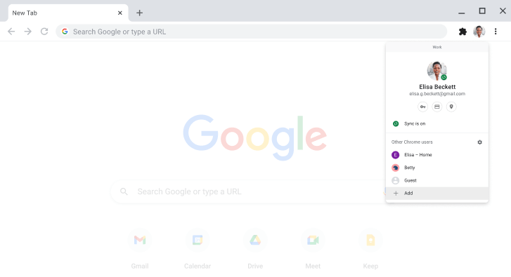 เบราว์เซอร์ Chrome ที่แสดงกล่องโต้ตอบตัวสลับโปรไฟล์