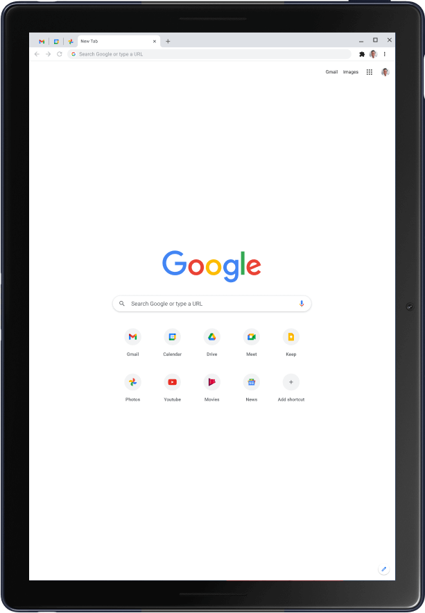 แท็บเล็ต Pixel Slate ในโหมดแนวตั้งที่แสดงหน้าแรกของ Google บนหน้าจอ