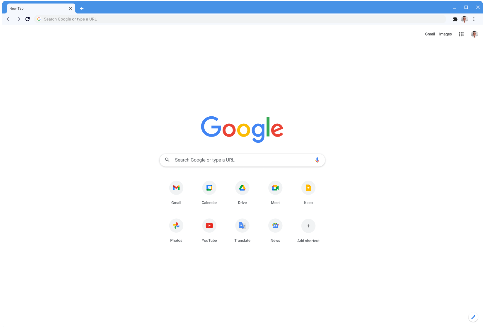หน้าต่างเบราว์เซอร์ Chrome ที่แสดง Google.com โดยใช้ธีม Classic