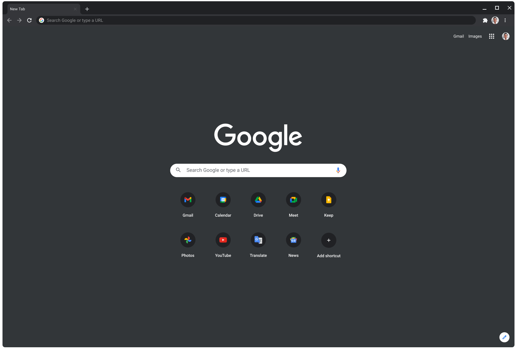 หน้าต่างเบราว์เซอร์ Chrome ในโหมดมืดที่แสดง Google.com