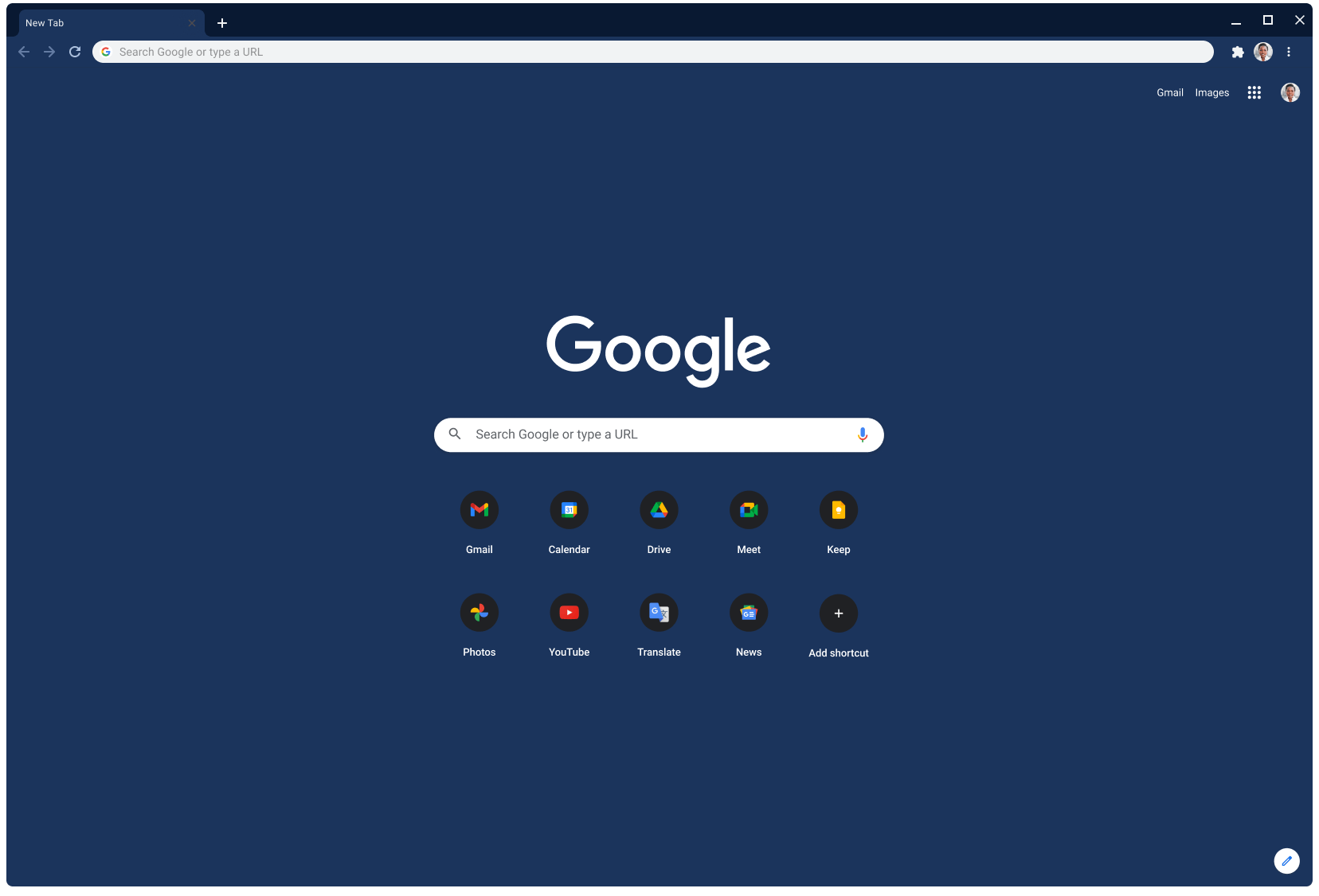 หน้าต่างเบราว์เซอร์ Chrome ที่แสดง Google.com โดยใช้ธีม Slate