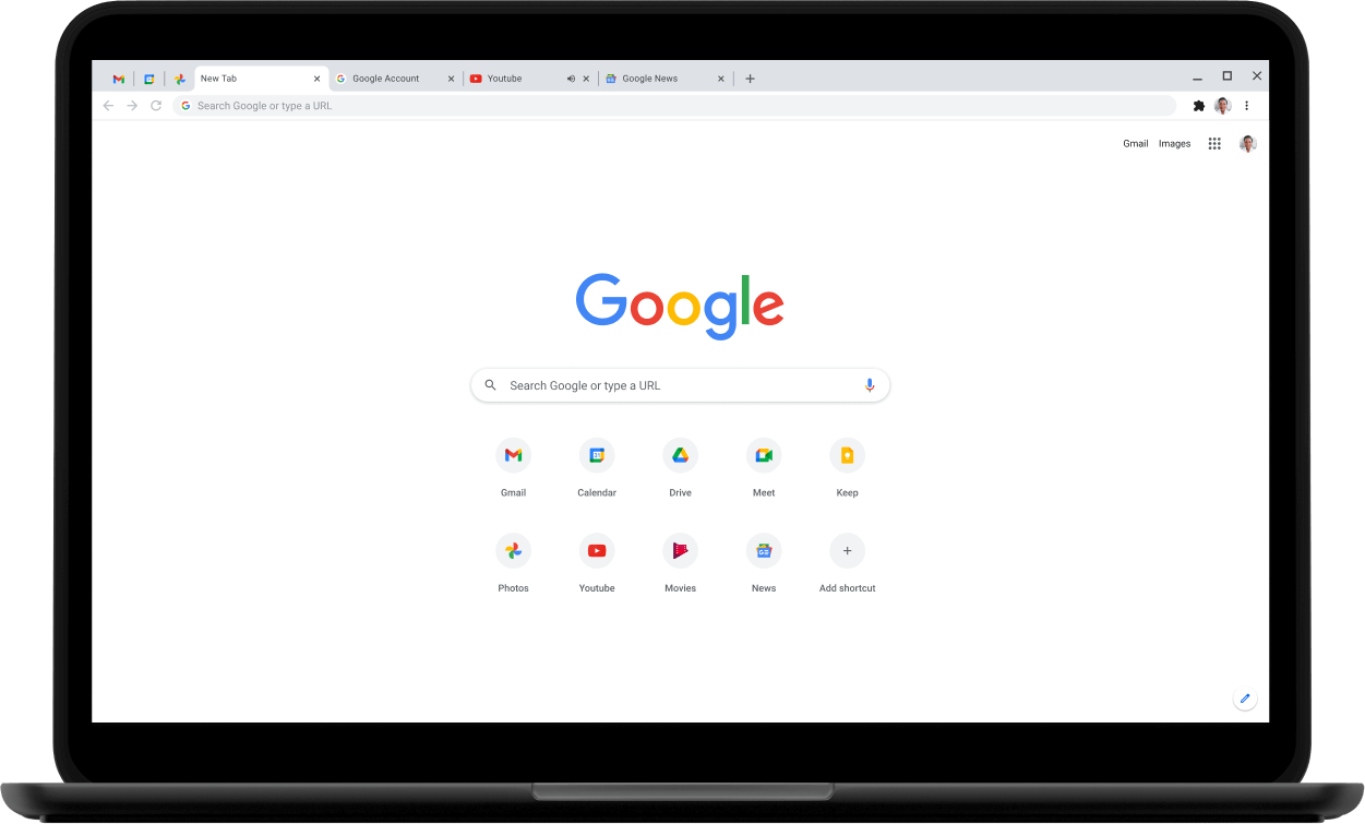 มุมซ้ายบนของแล็ปท็อป Pixelbook Go ที่แสดง Google.com บนหน้าจอ