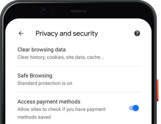 หน้าการตั้งค่าความเป็นส่วนตัวและความปลอดภัยของเบราว์เซอร์ Chrome ในอุปกรณ์เคลื่อนที่