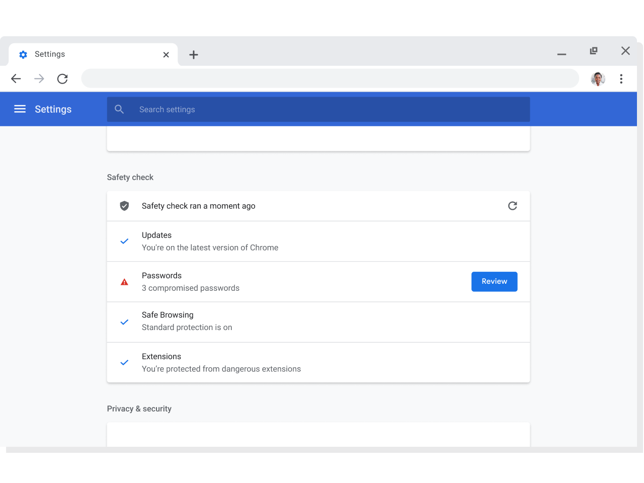 หน้าต่างเบราว์เซอร์ Chrome ที่แสดงการตั้งค่าบัญชีและการซิงค์ข้อมูลสำหรับบัญชี Google โดยเปิดการซิงค์ไว้