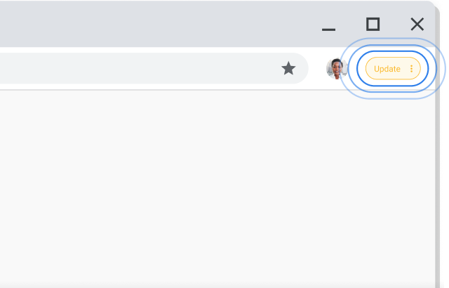 ที่มุมขวาบนของหน้าต่างเบราว์เซอร์ Chrome ไฮไลต์ข้อความแจ้งให้อัปเดต
