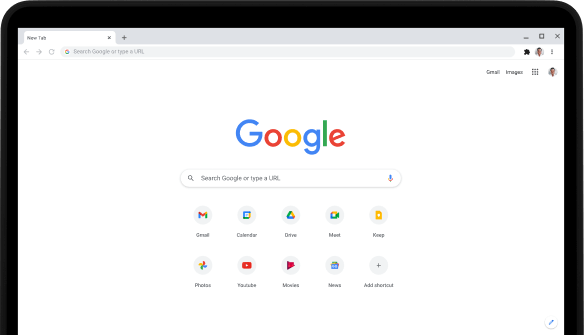 มุมซ้ายบนของแล็ปท็อป Pixelbook Go ที่แสดงแถบค้นหาของ Google.com และแอปโปรดบนหน้าจอ
