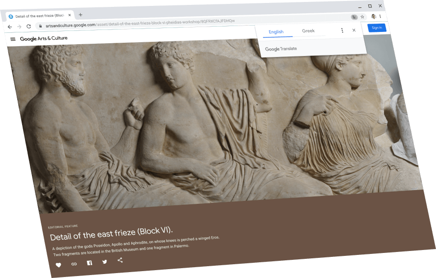 แสดงหน้า Google Arts and Culture โดยมีกล่องโต้ตอบ Google แปลภาษาอยู่ด้านบน ซึ่งแปลเป็นภาษาอังกฤษ