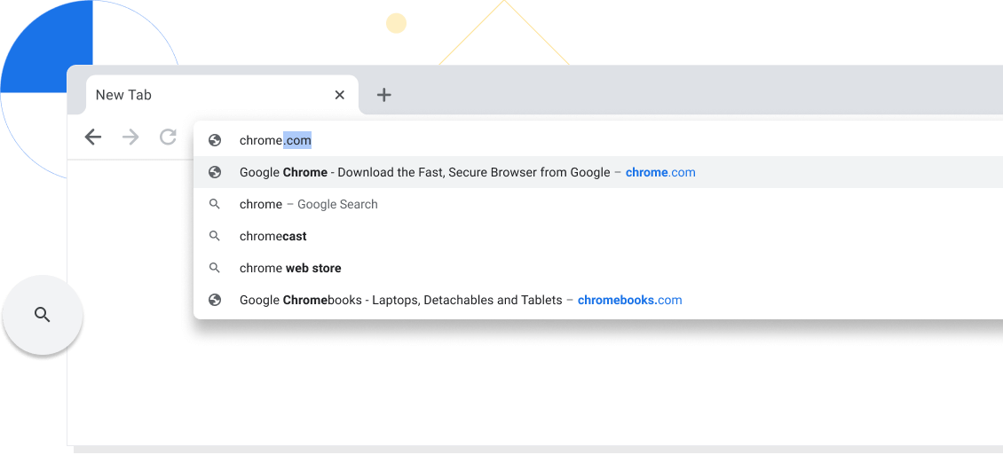 มุมมองแบบขยายของแท็บใหม่ในหน้าต่างเบราว์เซอร์ Chrome ซึ่งมีการกรอกคำว่า chrome.com ลงในแถบที่อยู่