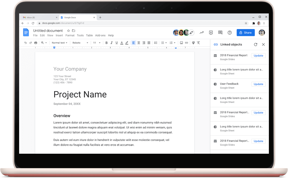 หน้าจอ Google เอกสารที่เปิดเทมเพลตโปรเจ็กต์เอาไว้