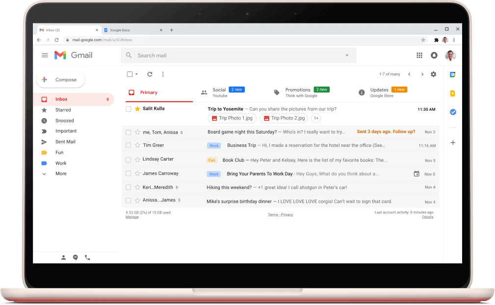 หน้าจออินเทอร์เฟซของ Gmail พร้อมรายชื่ออีเมล