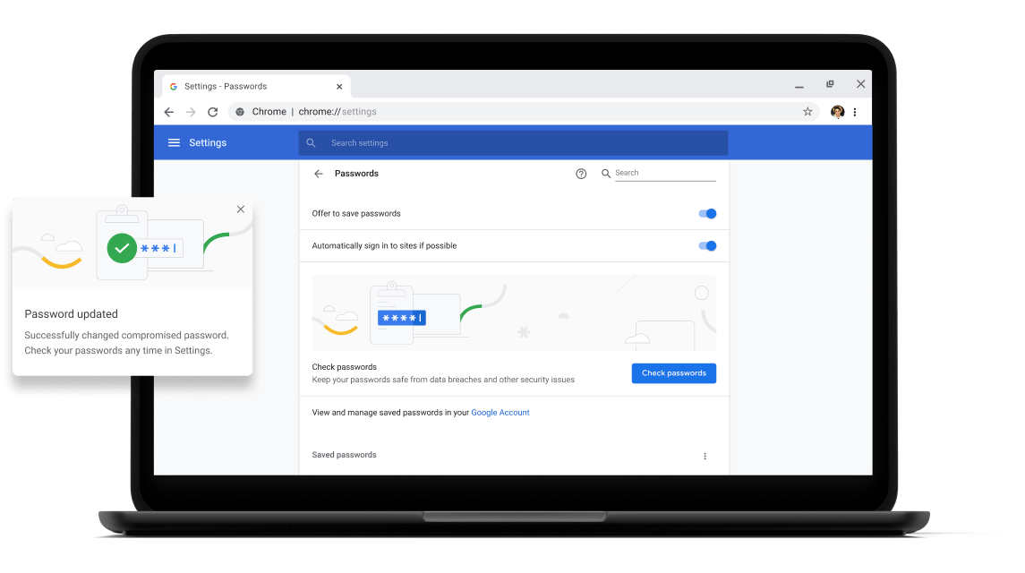 การตรวจสอบรหัสผ่าน Pixelbook Go laptop with screen displaying Chrome password check with a passsword update dialog box.