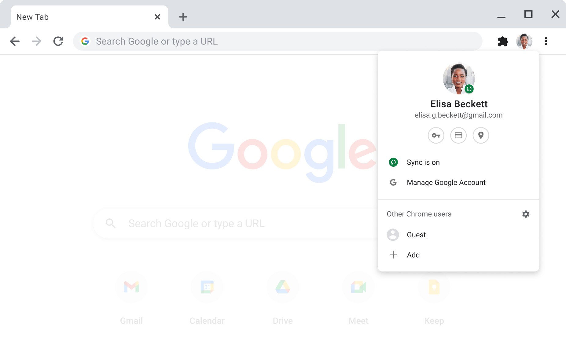 หน้าต่างเบราว์เซอร์ Chrome ที่แสดงการตั้งค่าบัญชีและการซิงค์ข้อมูลสำหรับบัญชี Google โดยเปิดการซิงค์ไว้